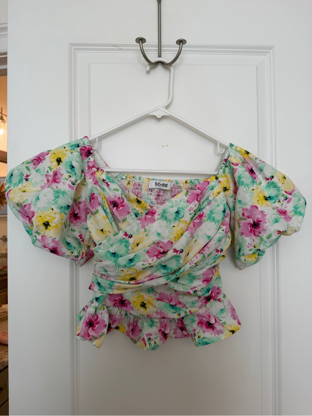DO+BE Floral Puff-Sleeve Wrap Blouse in Mint, Pink & Yellow